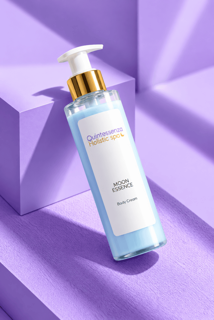 Prodotti Quintessenza crema corpo moon essence su sfondo lavanda1