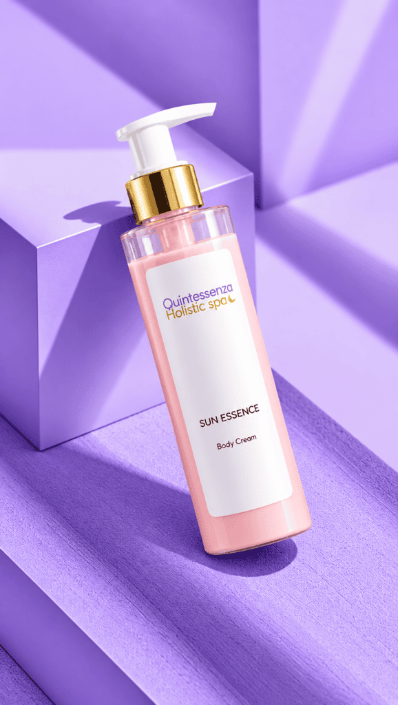 Prodotti Quintessenza flacone sun essence su sfondo lavanda