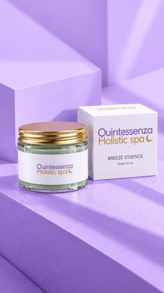 Prodotti Quintessenza scrub breeze essence su sfondo lilla geometrico