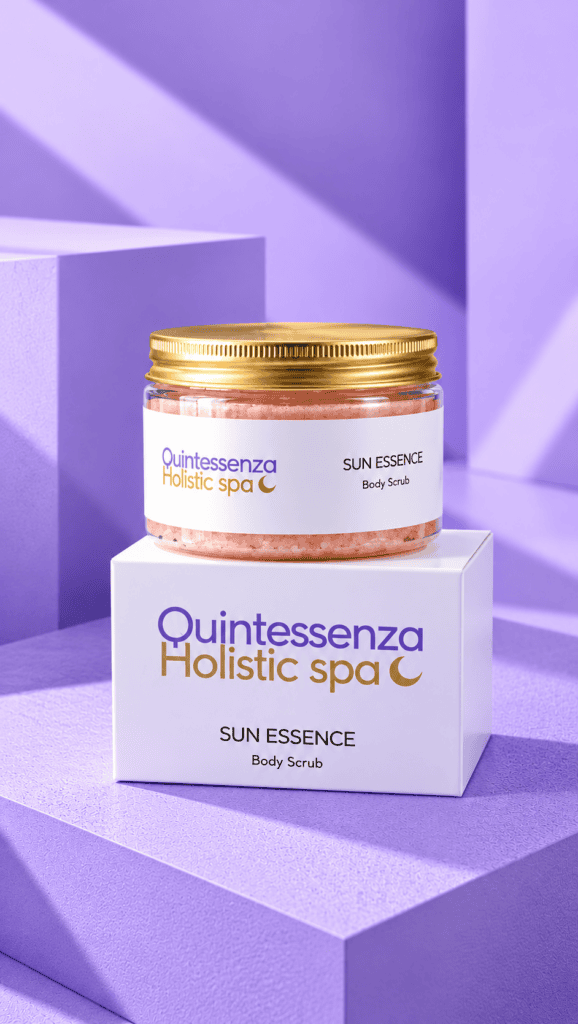 Prodotti Quintessenza scrub sun essence su sfondo lavanda